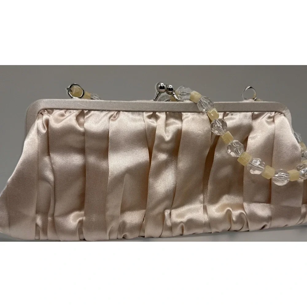 Vintage‎ Champagne Satin Pleated Evening Clutch with Beaded Strap By Sasha NY